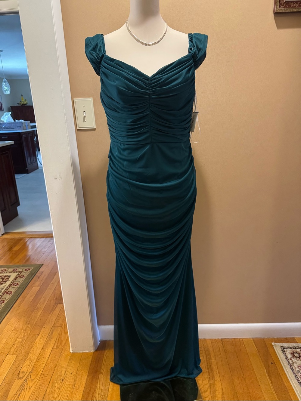Formal Teal Ruched Cap-Sleeve Maxi Gown